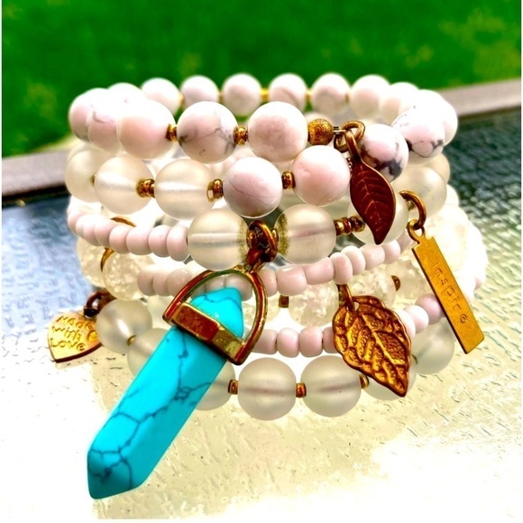 White Wire Wrap Charm Cuff Bracelet Turquoise Crystal! - Picture 1 of 4